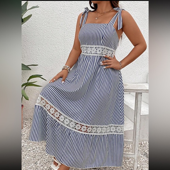 Plus Size Striped Sheer Guipure Lace Tie Shoulder Cami Dress - Picture 2 of 6